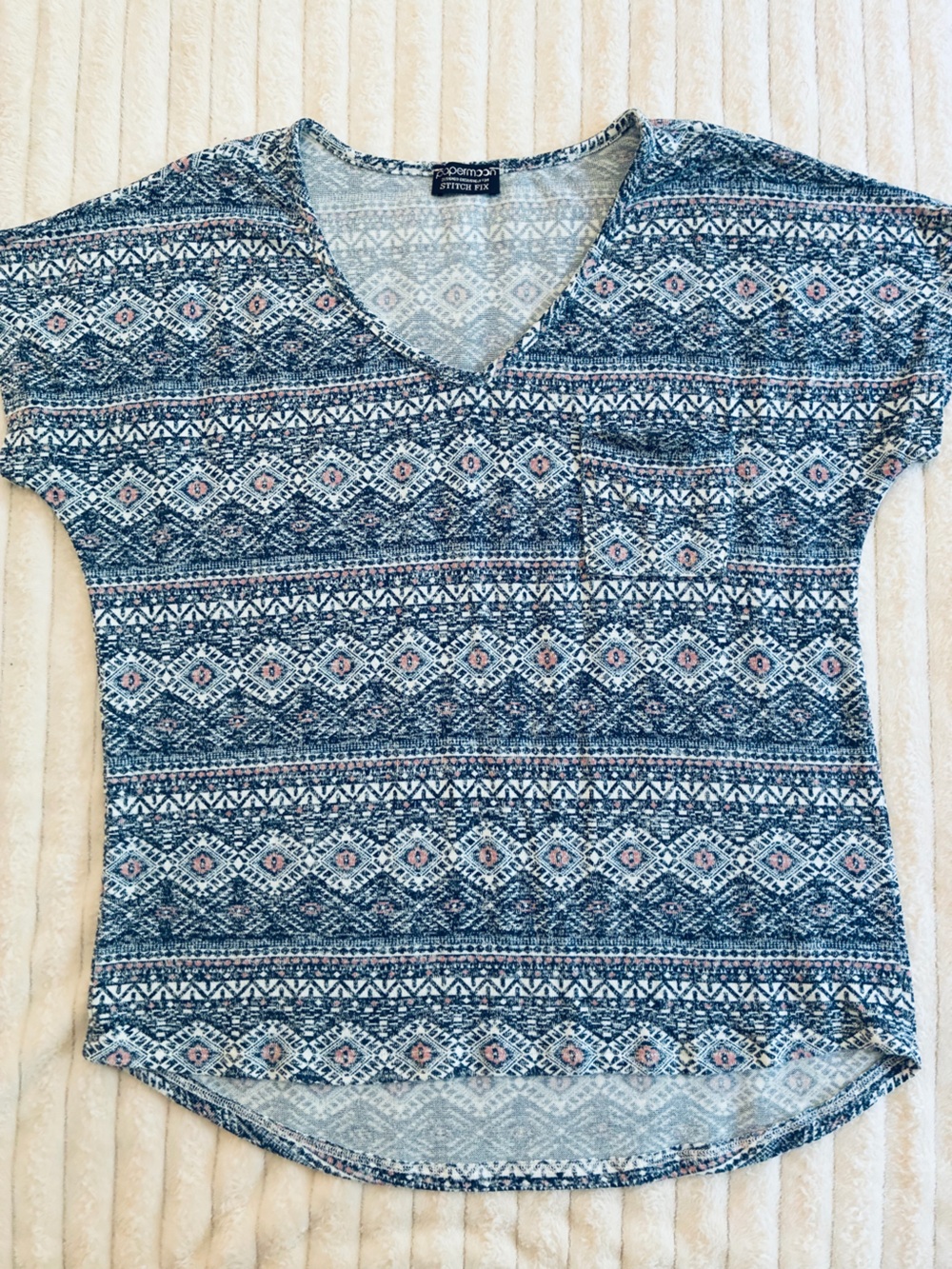 Paper Moon Stitch Fix Pink Blue Knit Top V Neck Pocket Short Sleeve XL